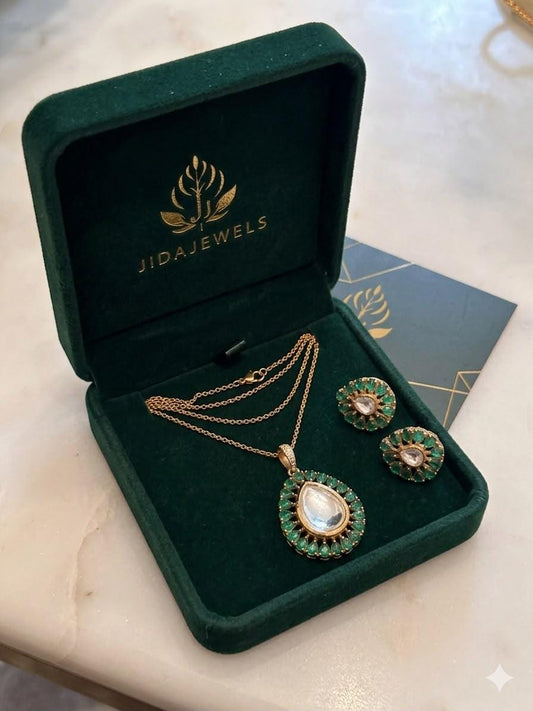 Green Teardrop Necklace Set, Matching Stud Earrings, Elegant Pendant Jewelry, Everyday Statement Gift