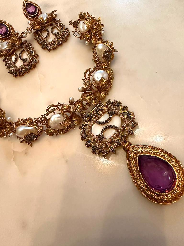 Vintage Purple Pendant Necklace Set, Matching Statement Earrings, Baroque Pearl