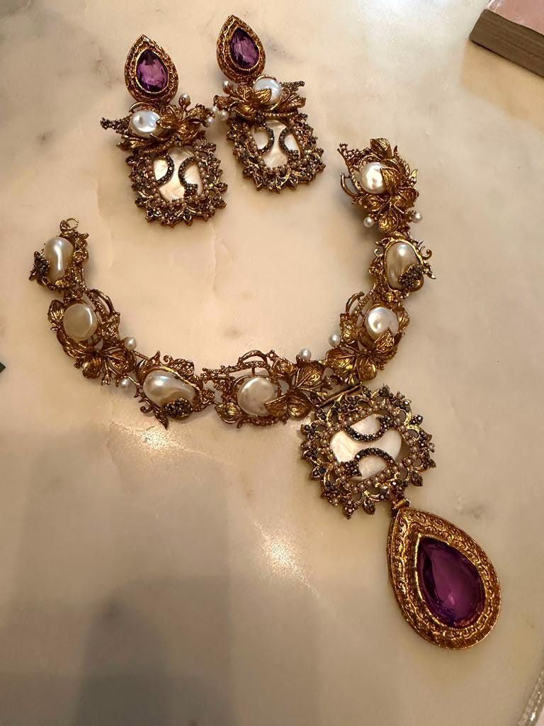 Vintage Purple Pendant Necklace Set, Matching Statement Earrings, Baroque Pearl