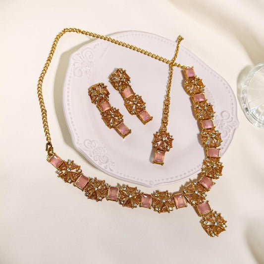 Pink Necklace Set with Matching Earrings and Maang Tikka, Coordinated Bridal Jewelry Set