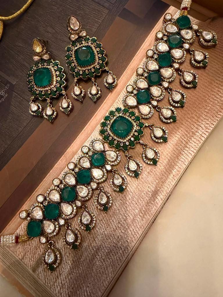 Emerald Green Bridal Choker Set, Statement Wedding Necklace, Matching Chandbali Earrings
