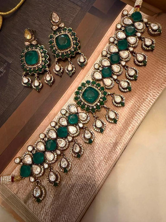 Emerald Green Bridal Choker Set, Statement Wedding Necklace, Matching Chandbali Earrings