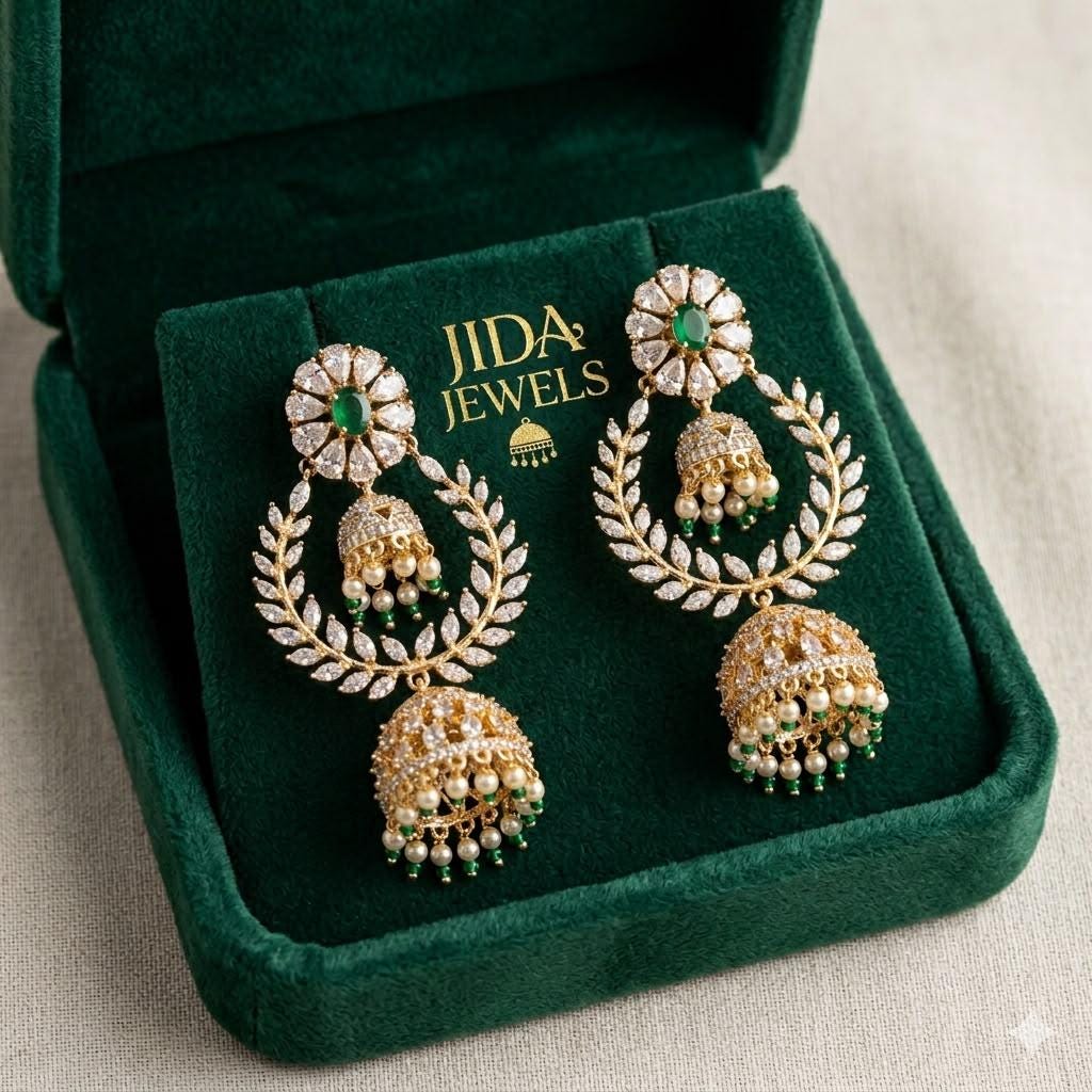 Emerald Green Jhumka, Statement Bridal Earrings, Pearl Jhumki Earrings