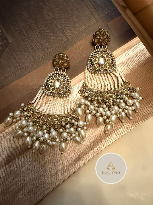 Pearl Tassel Chandbali Earrings, Statement Bridal, Vintage Wedding Jewelry, Traditional Pearl Drop