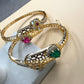 Gemstone Open Cuff Bracelet, Adjustable Statement Bangle, Traditional Gold Tone Bracelet
