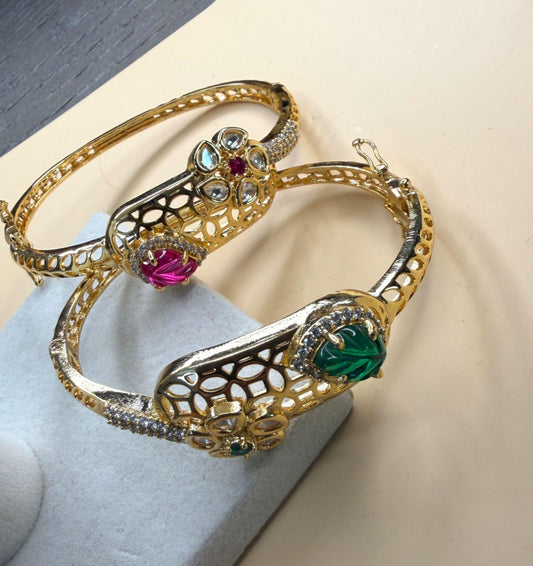 Gemstone Open Cuff Bracelet, Adjustable Statement Bangle, Traditional Gold Tone Bracelet