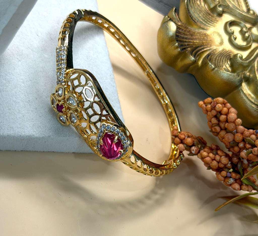 Gemstone Open Cuff Bracelet, Adjustable Statement Bangle, Traditional Gold Tone Bracelet