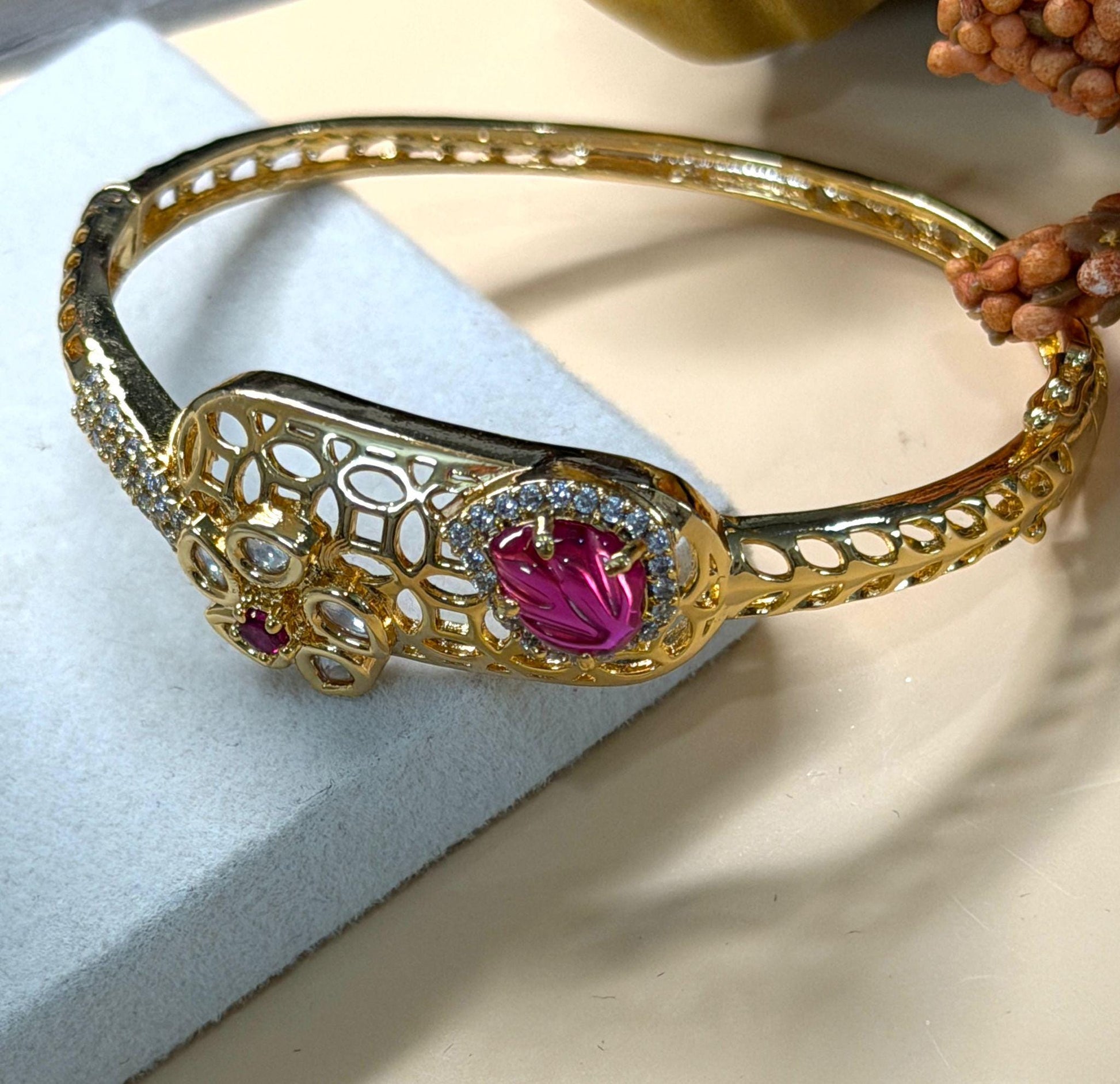 Gemstone Open Cuff Bracelet, Adjustable Statement Bangle, Traditional Gold Tone Bracelet