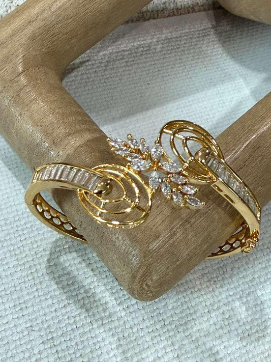 Floral Open Cuff Bracelet, Gold Tone Statement Bangle, Adjustable Bridal Bracelet, Elegant Wedding Jewelry