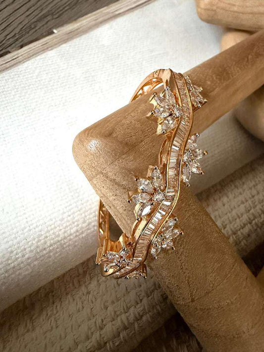 Floral Wave Cuff Bracelet, Gold Tone Crystal Bangle, Elegant Statement Bracelet, Bridal Wedding Jewelry