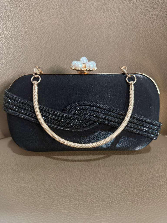 Black Satin Evening Clutch Pearl Closure Handbag Elegant Party Purse Wedding Shoulder Bag