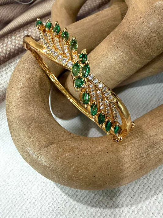 Emerald Leaf Cuff Bracelet, Green Crystal Gold Tone Bangle, Statement Bracelet, Bridal Wedding Jewelry