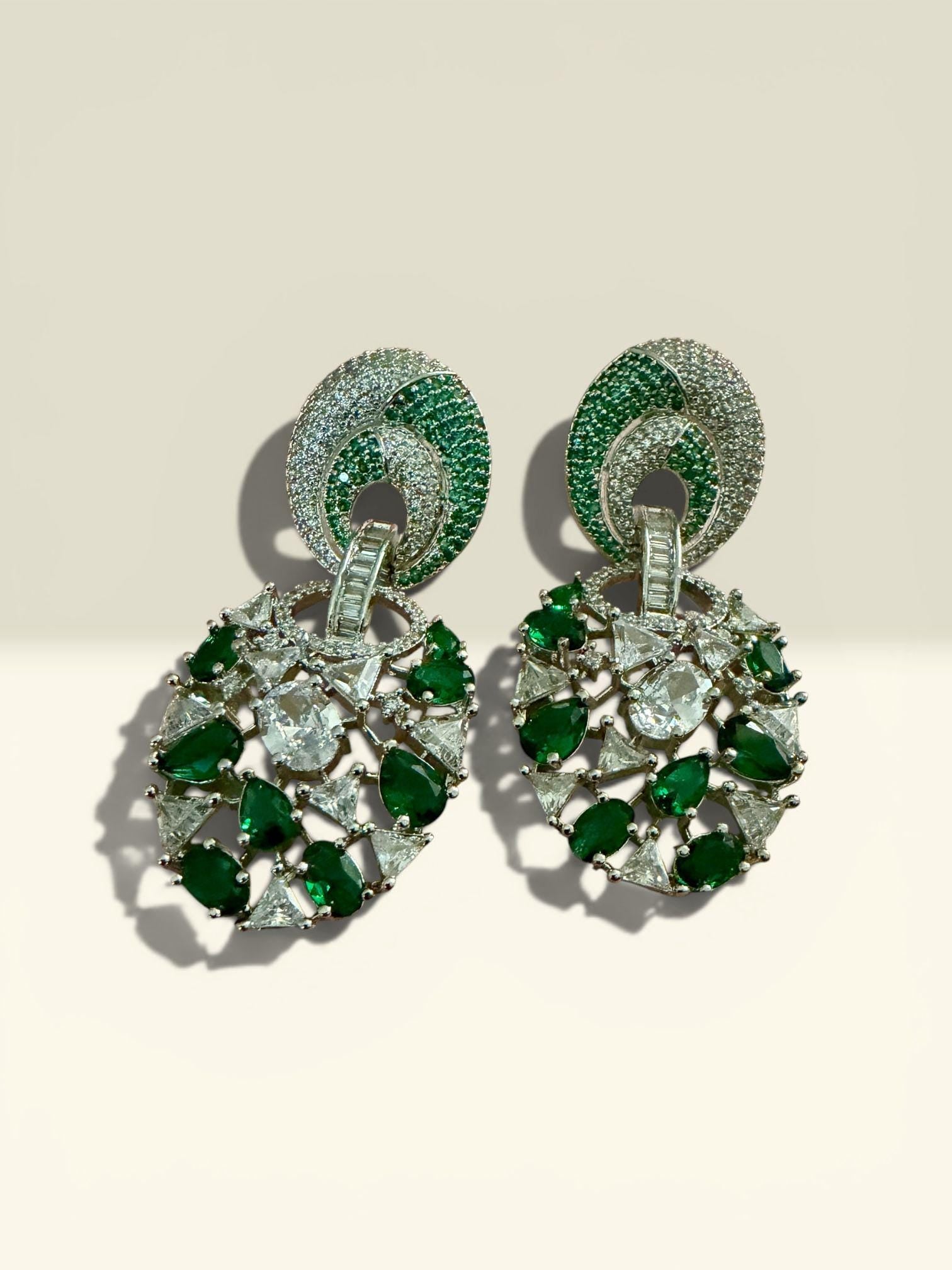 Emerald Green Statement Earrings, Luxury CZ Drop Earrings, Art Deco Bridal Earrings