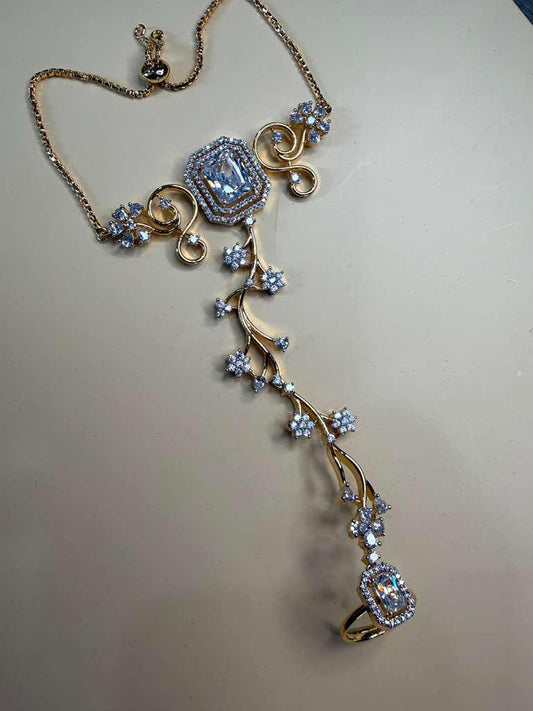 Floral Hathphool Hand Chain Bracelet Ring Set, Bridal Harness Jewelry, Statement Wedding Jewelry