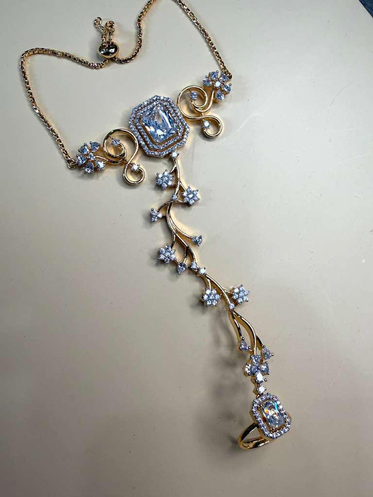 Floral Hathphool Hand Chain Bracelet Ring Set, Bridal Harness Jewelry, Statement Wedding Jewelry