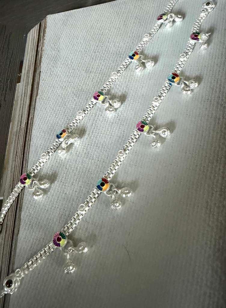 Silver Evil Eye Anklet Pair, Adjustable Payal for Women, Traditional Foot Jewelry.