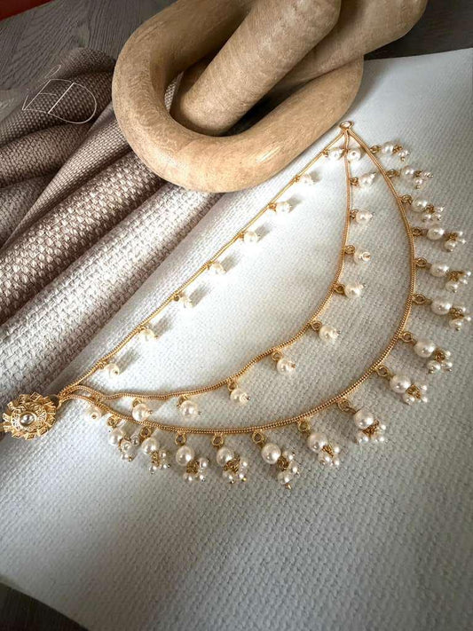 Layered Pearl Hair Chain, Bridal Matha Patti, Gold Tone Wedding Jewelry