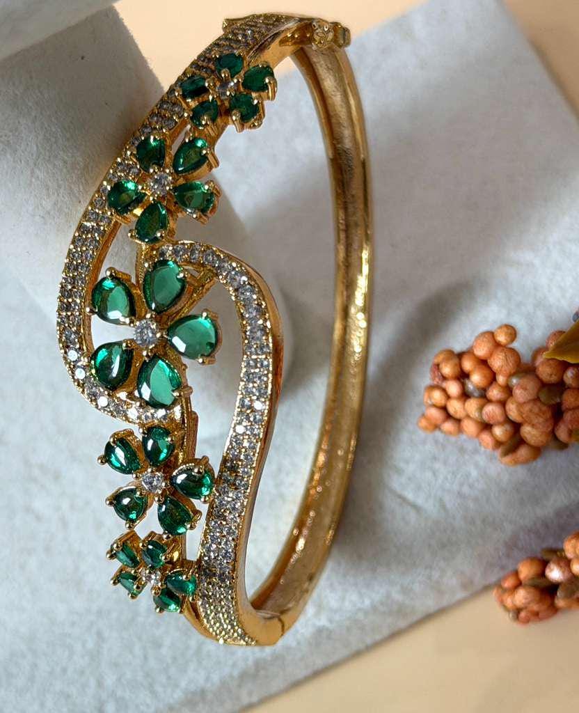 Emerald Floral Cuff Bracelet for Women, Statement Crystal Bangle, Open Bracelet, Bridal Jewelry