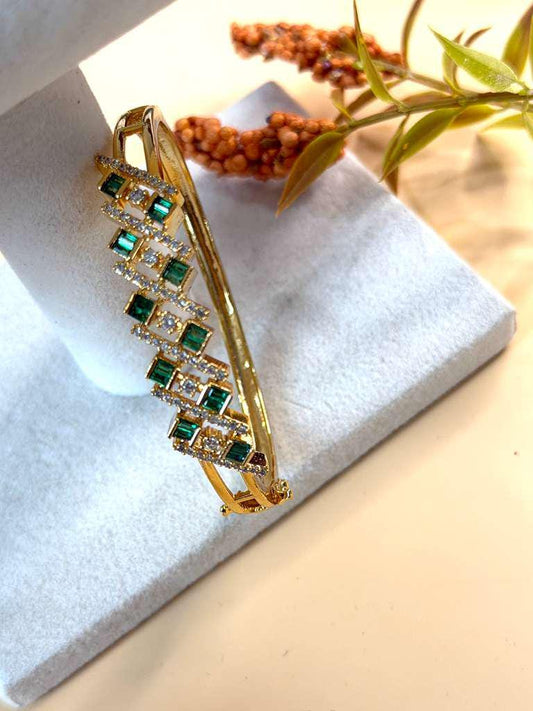 Emerald Hinged Bangle Bracelet for Women, Gold Tone Statement Bracelet, Elegant Bridal Jewelry