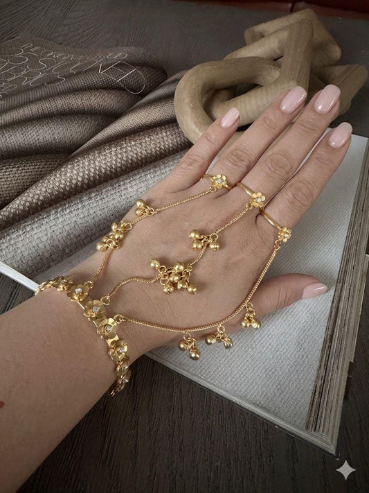 Floral Hathphool Harness Bracelet, Adjustable Hand Chain with Bell Charms, Bridal Hand Jewelry
