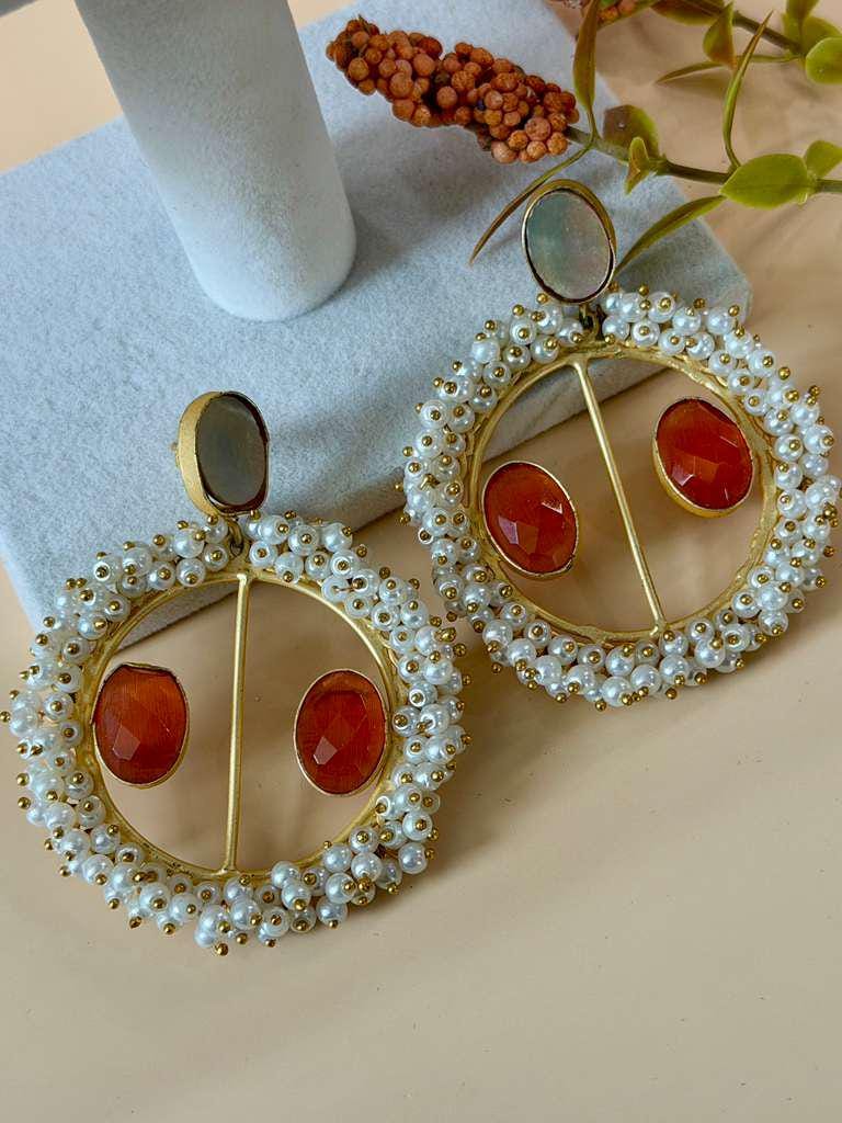 Pearl Hoop Statement Earrings for Women, Beaded Circle Drop Earrings, Bridal Party