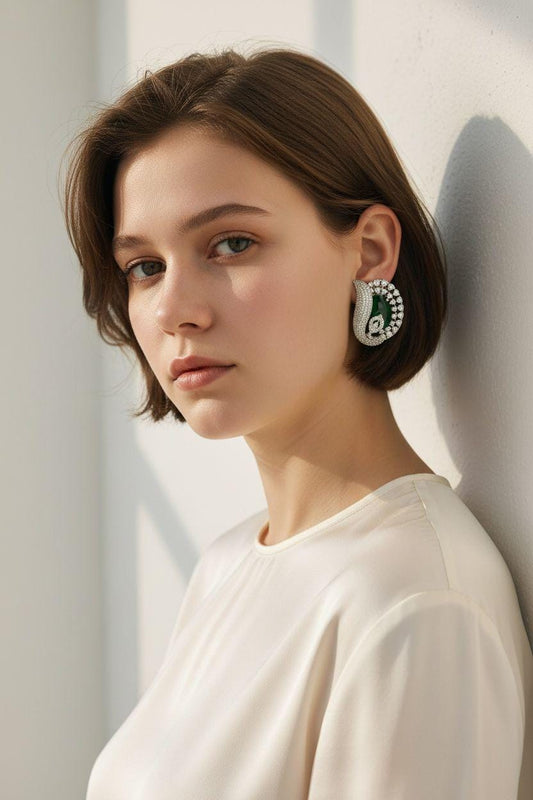 Emerald Green Statement Earrings, Luxury CZ Cocktail Earrings, Designer Inspired Hoop Earrings
