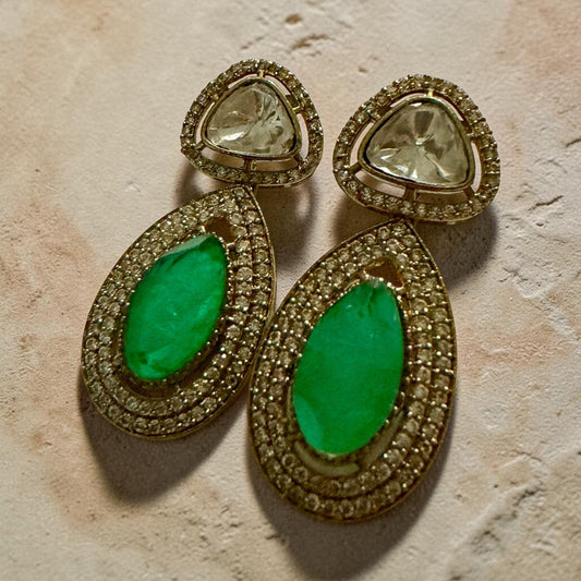 Emerald Green Teardrop Earrings, Vintage Gold Statement Earrings, Designer Inspired Bridal Jewelry