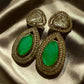Emerald Green Teardrop Earrings, Vintage Gold Statement Earrings, Designer Inspired Bridal Jewelry