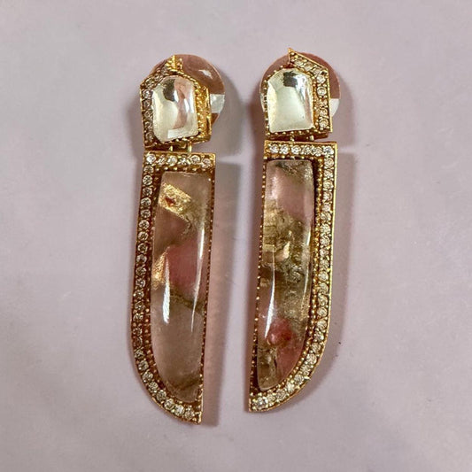 Blush Quartz Dagger Earrings, Gold Statement Drop Earrings, Modern Art Deco Jewelry,