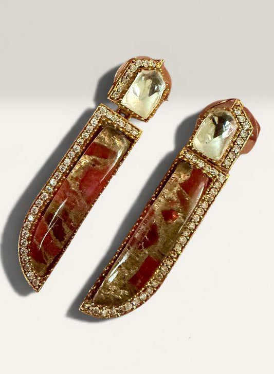Blush Quartz Dagger Earrings, Gold Statement Drop Earrings, Modern Art Deco Jewelry,