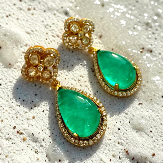 Emerald Green Teardrop Earrings, Clover Stud Drop Earrings, Vintage Inspired Bridal Jewelry