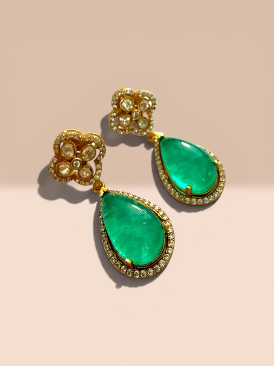 Emerald Green Teardrop Earrings, Clover Stud Drop Earrings, Vintage Inspired Bridal Jewelry