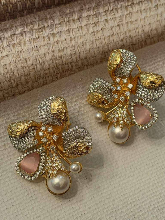 Floral Statement Earrings for Women, Bridal Stud Earrings, Pearl Drop, Wedding Jewelry