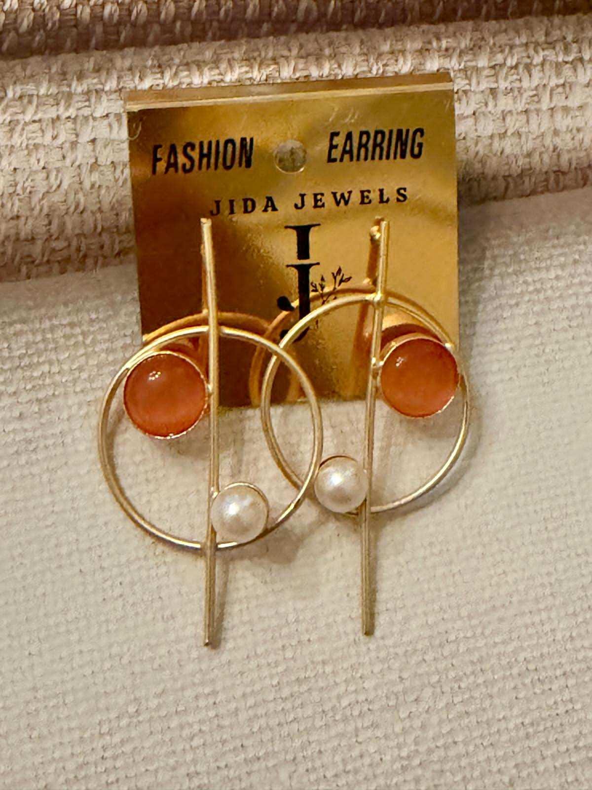 Modern Geometric Gold Tone Earrings, Coral Stone Pearl Earrings, Minimalist Circle Drop.