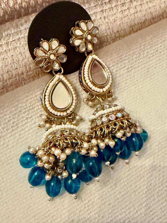 Blue Jhumka Earrings, Kundan Pearl Drop Earrings, Indian Pakistani Bridal Jewelry