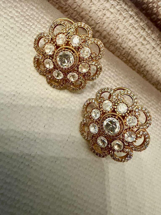 Vintage Floral Gold Tone Stud Earrings, Bridal Statement Earrings, Elegant Wedding Jewelry