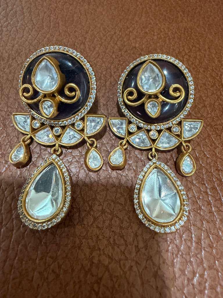 Kundan Style Statement Drop Earrings, Vintage Gold Tone Bridal Earrings