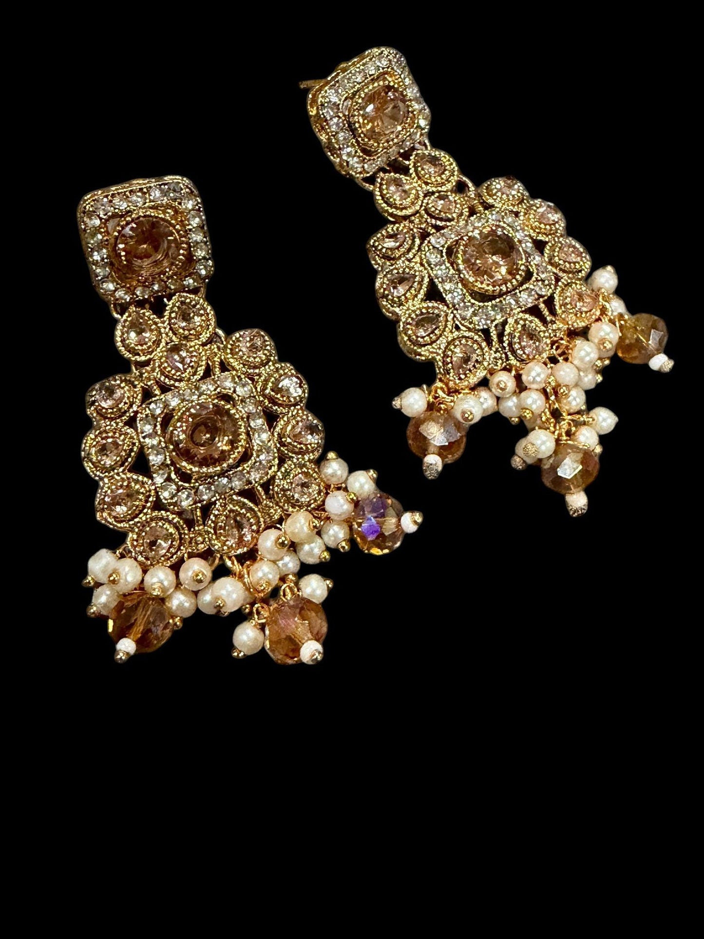 Champagne Floral Statement Earrings, Gold Tone Beaded Dangle Earrings