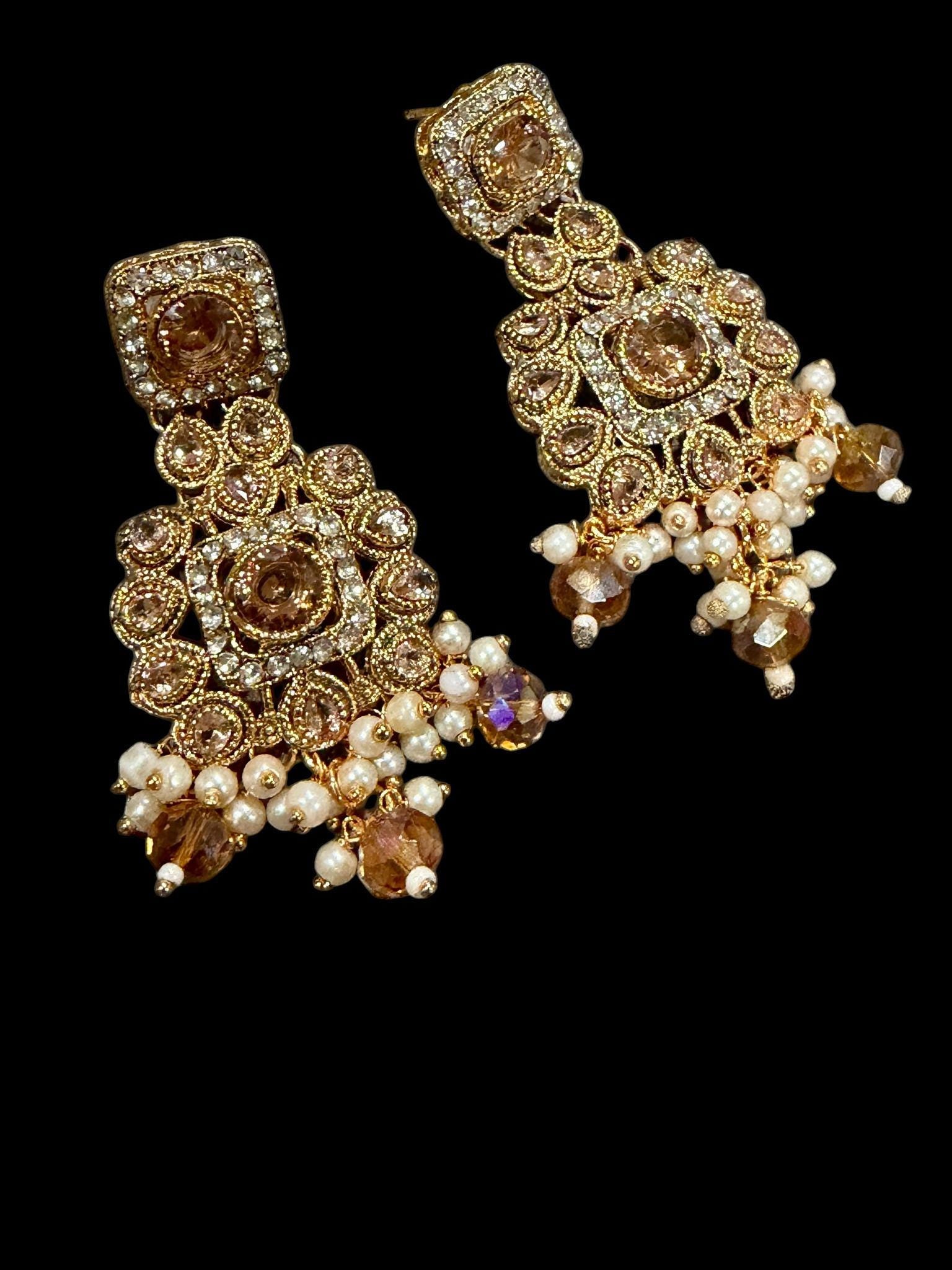 Champagne Floral Statement Earrings, Gold Tone Beaded Dangle Earrings