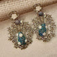 Peacock Statement Earrings, Blue Bird Floral Dangle Earrings, Silver Tone Vintage Jewelry