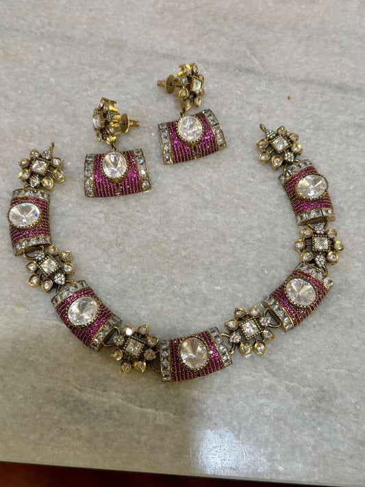 Magenta Kundan Style Choker Necklace Set, Gold Tone Bridal Jewelry Set