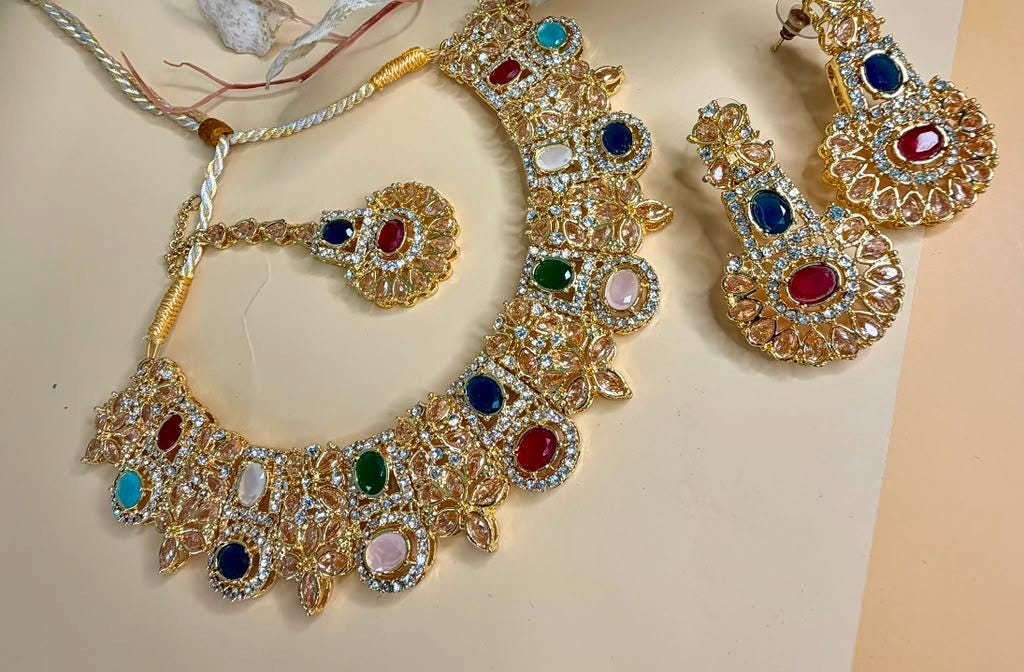 Royal Multicolor Statement Jewelry Set, Gold Bridal Necklace Set, Traditional Wedding Jewelry Set