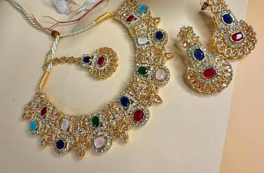 Royal Multicolor Statement Jewelry Set, Gold Bridal Necklace Set, Traditional Wedding Jewelry Set