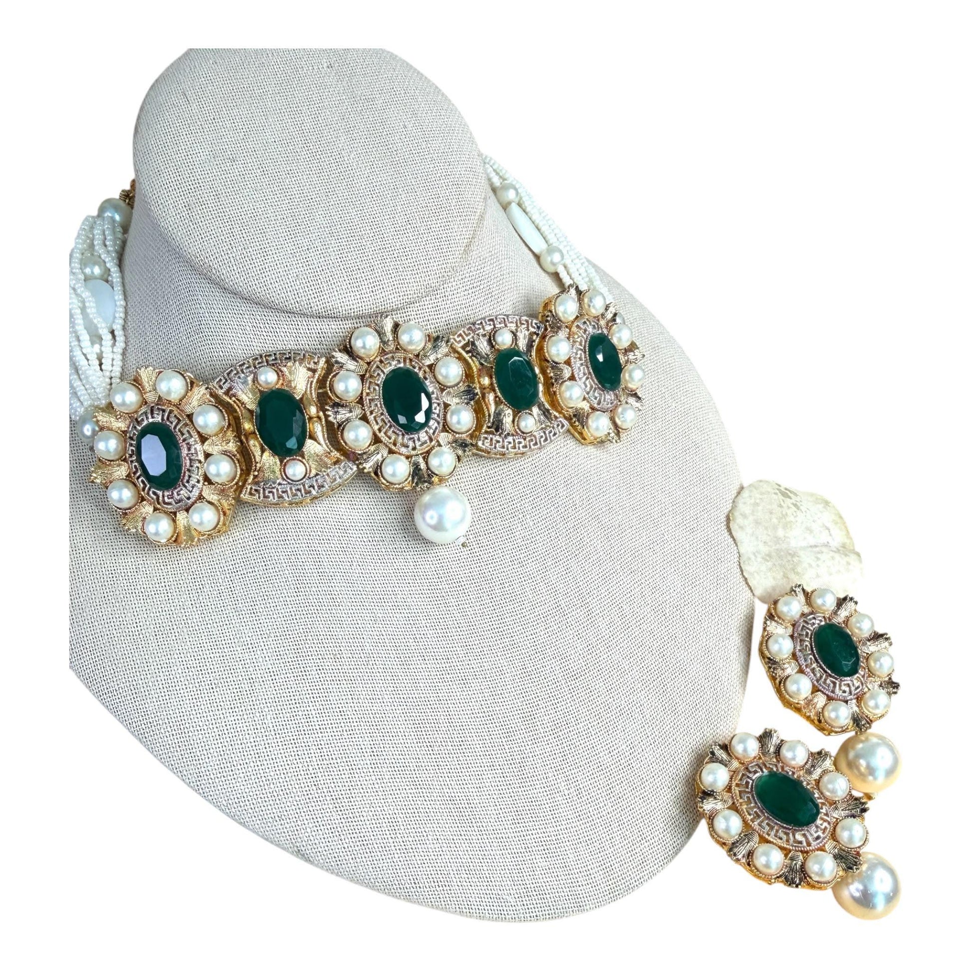 Pakistani Bridal Bracelet and Earrings Set, Emerald Green Pearl Jewelry, Kundan Style Wedding Accessories