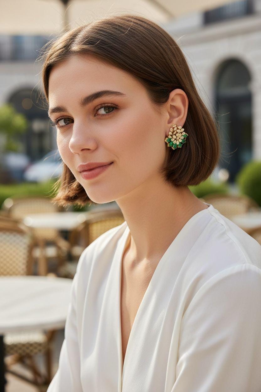 Emerald Green Floral Stud Earrings, Gold Tone Statement Earrings