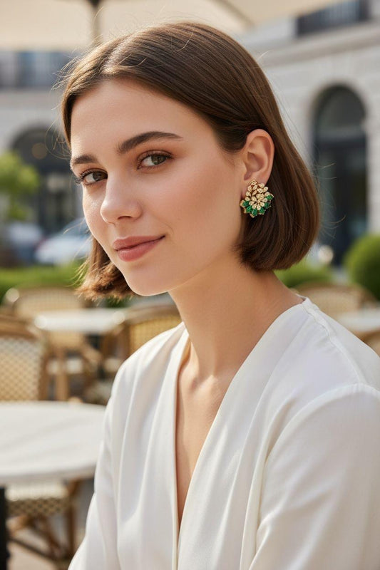 Emerald Green Floral Stud Earrings, Gold Tone Statement Earrings