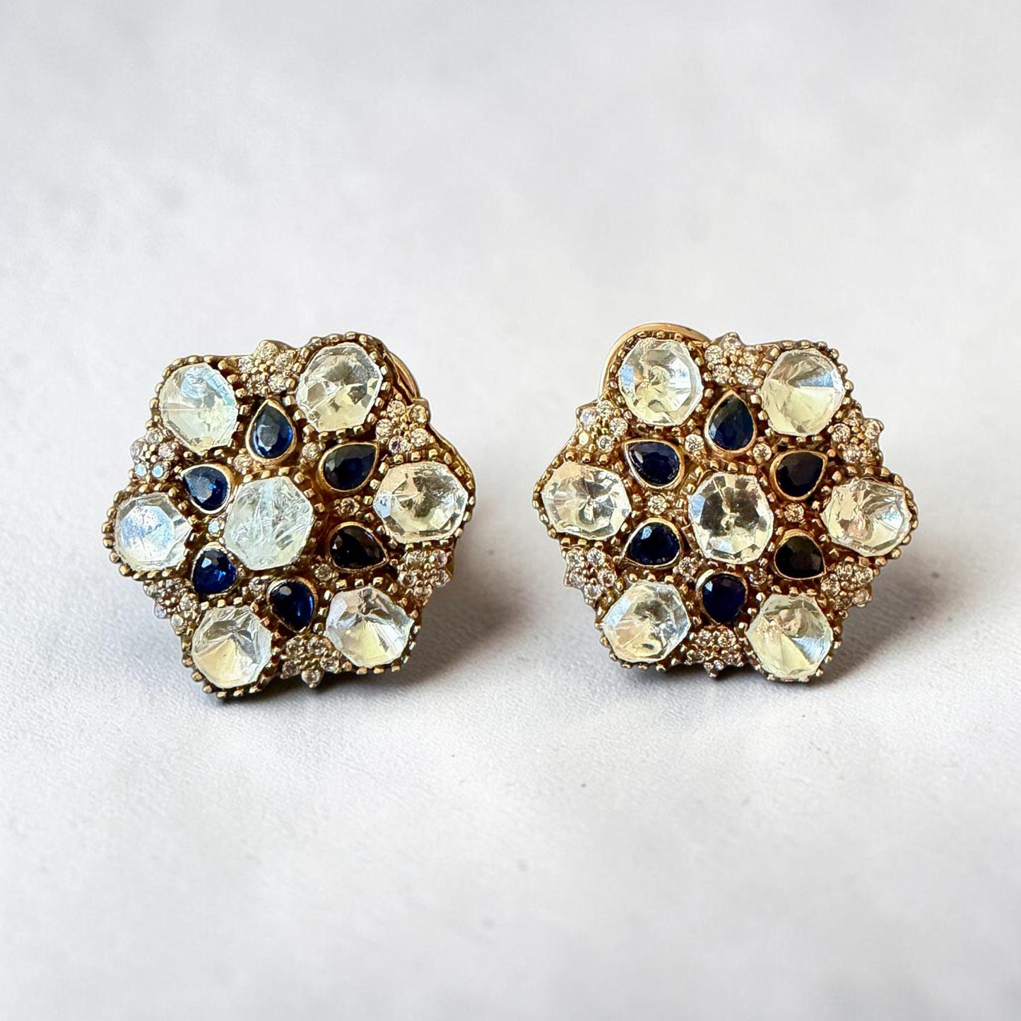 Kundan Inspired Stud Earrings, Gold Tone Floral Cluster, Sapphire Blue Bridal Jewelry