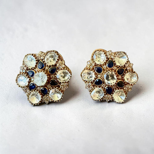 Kundan Inspired Stud Earrings, Gold Tone Floral Cluster, Sapphire Blue Bridal Jewelry