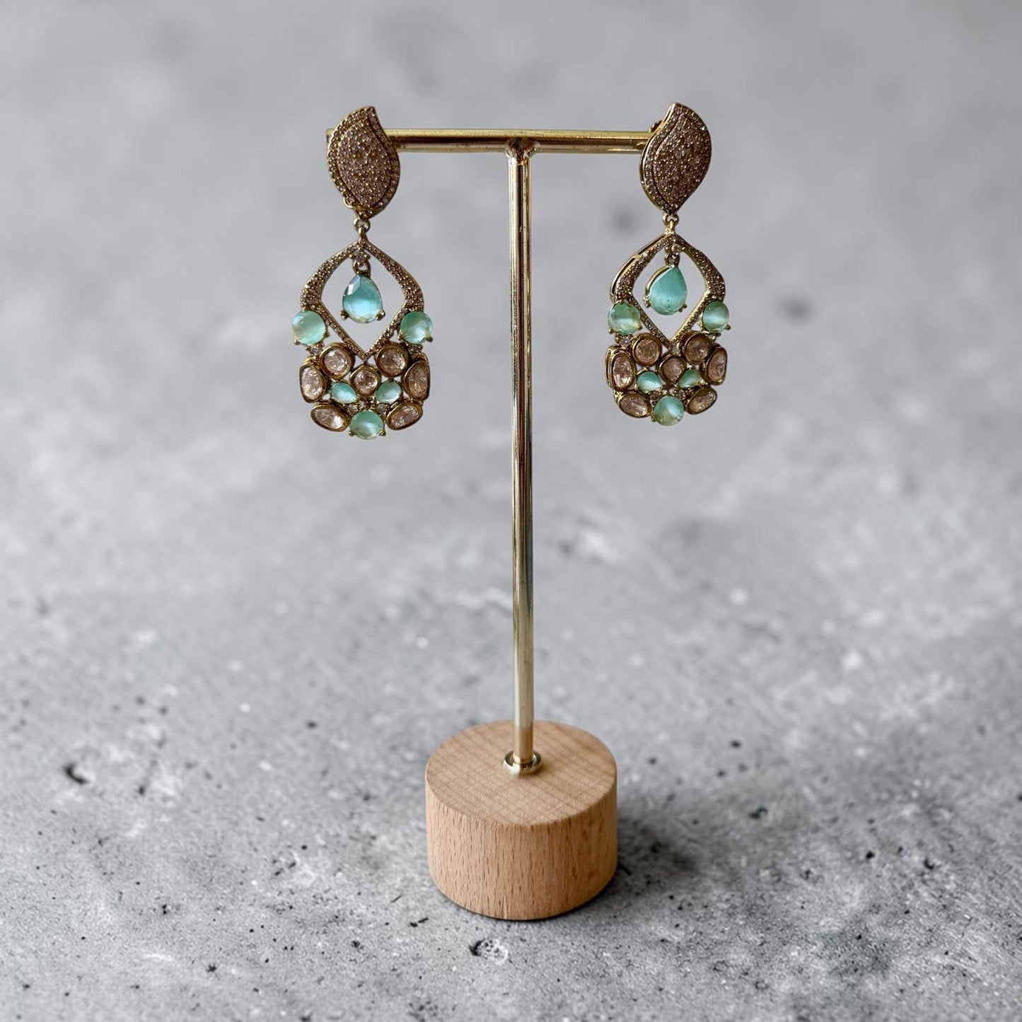 Mint Green Kundan Drop Earrings, Gold Tone Statement Earrings