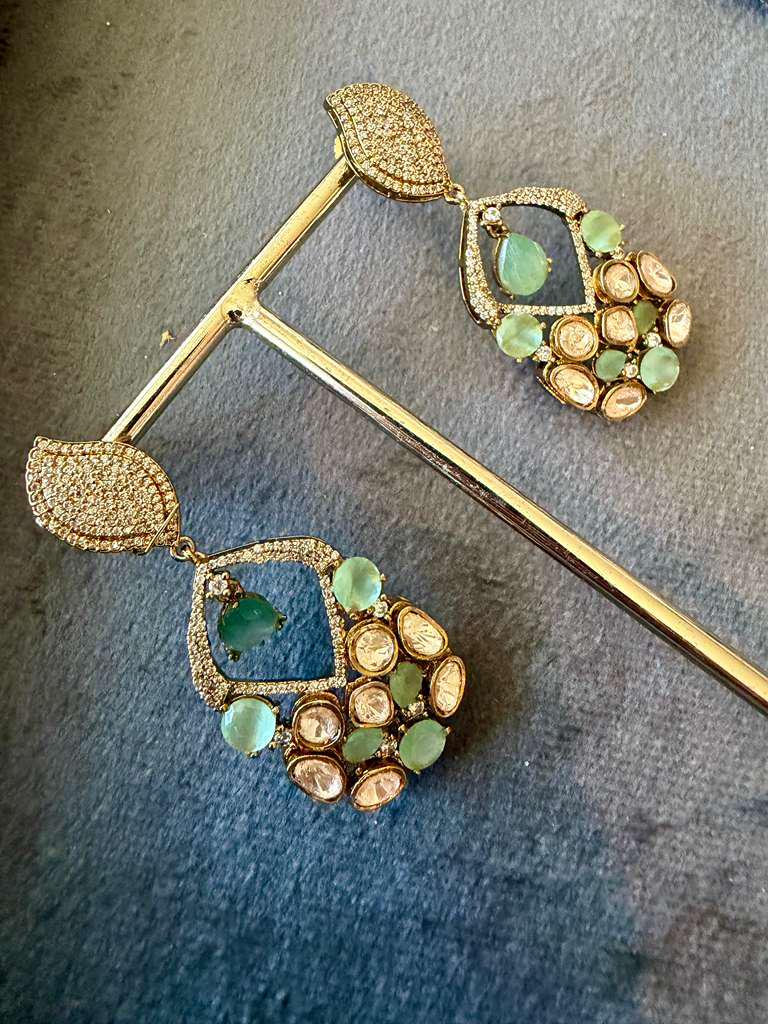 Mint Green Kundan Drop Earrings, Gold Tone Statement Earrings
